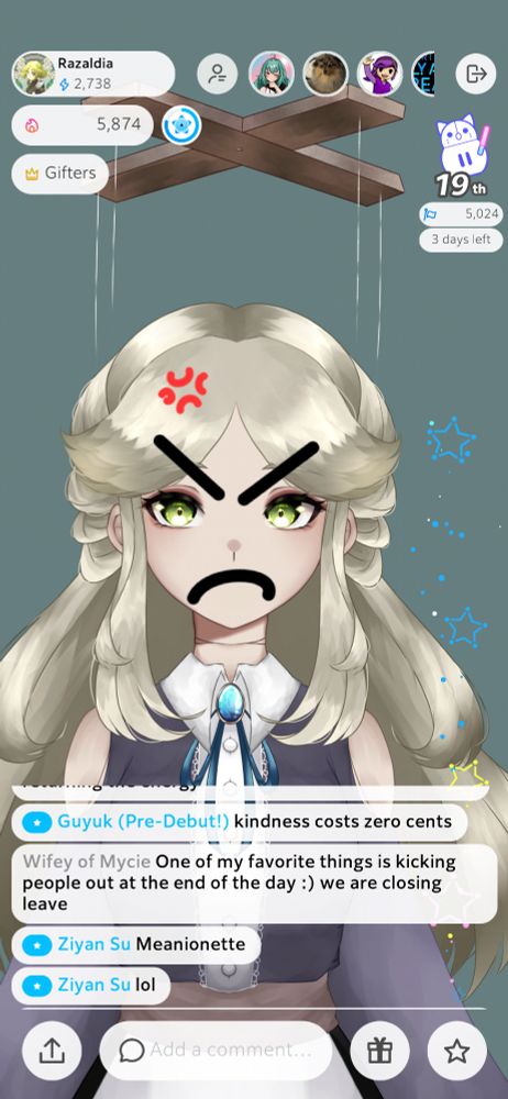 A screenshot of an IRIAM stream with blonde marionette vtuber Razaldia having angry eyebrows and an a frown drawn onto her face plus.
