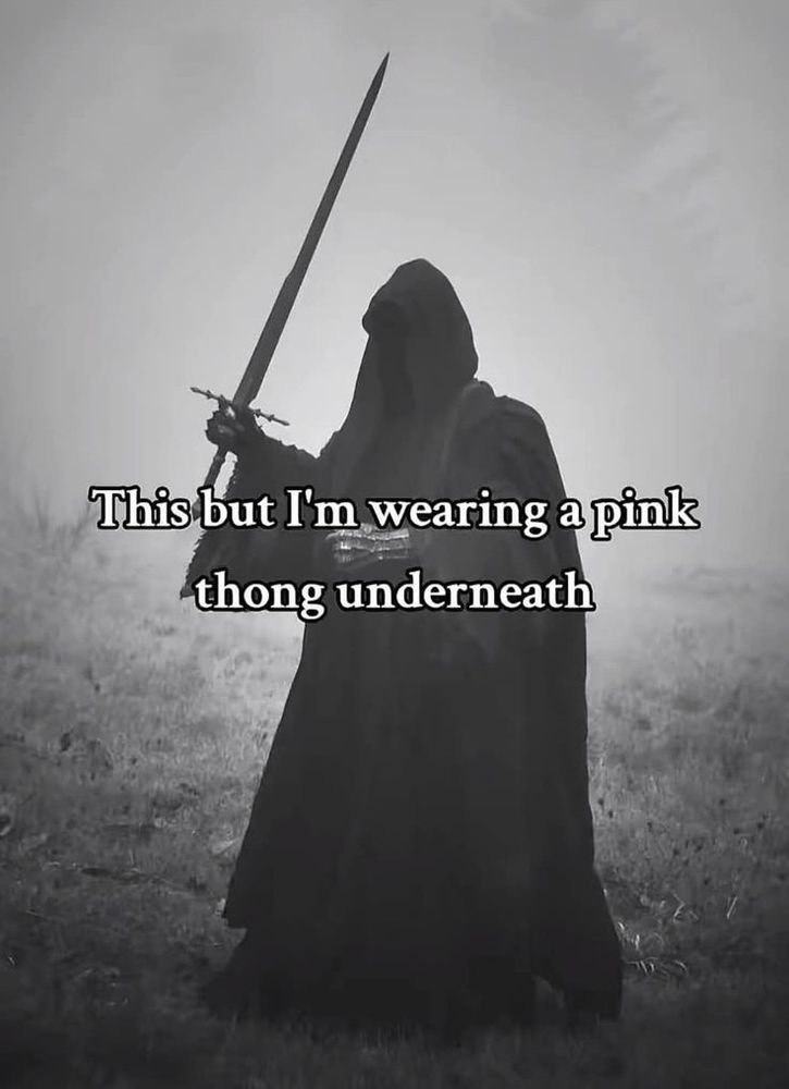 A figure wearing a black long cloak holding a sword in the air. They are standing in the middle of a field. The image in black and white. 

"This but im wearing a pink thong underneath"