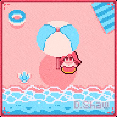 A pixel art image of a girl with pink hair in a pink dress underneath a blue umbrella. The sand is a pale pink, blue waves border the bottom of the image and she is surrounded by an inner tube, a shell and a beach towel.