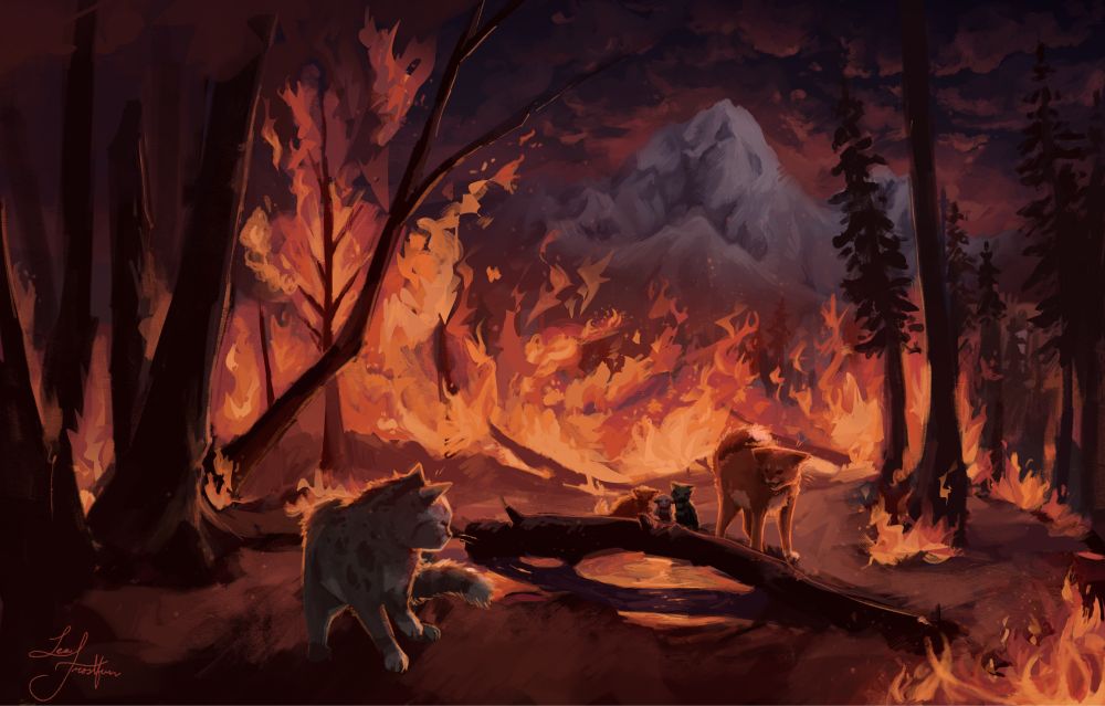 Drawing of a scene from the warrior cats book series. Where Ashfur, a gray cat, is keeping Squirrelflight and her three kits hostage in a forest fire