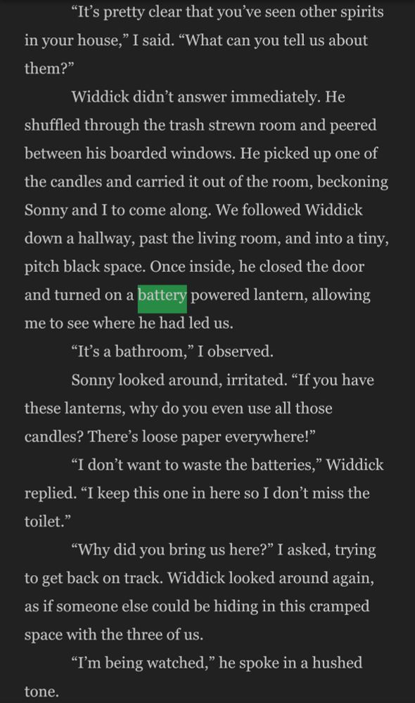 "It's pretty clear that you've seen other spirits
in your house," I said. "What can you tell us about them?"
Widdick didn't answer immediately. He shuffled through the trash strewn room and peered between his boarded windows. He picked up one of the candles and carried it out of the room, beckoning Sonny and I to come along. We followed Widdick down a hallway, past the living room, and into a tiny, pitch black space. Once inside, he closed the door and turned on a battery powered lantern, allowing
me to see where he had led us.
"It's a bathroom," I observed.
Sonny looked around, irritated. "If you have
these lanterns, why do you even use all those candles? There's loose paper everywhere!"
"I don't want to waste the batteries," Widdick
replied. "I keep this one in here so I don't miss the toilet."
"Why did you bring us here?" I asked, trying
to get back on track. Widdick looked around again, as if someone else could be hiding in this cramped space with the three of us.
"I'm being watched," he spoke in a hushed
tone.
