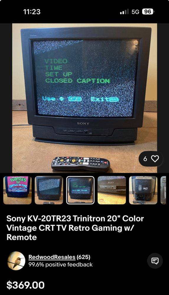 Sony Trinitron 20” color crt tv eBay listing for 369 dollars