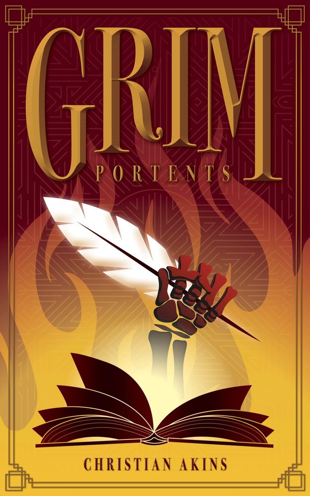 Cover for Grim Portents featuring a skeleton hand grabbing a feather coming out of a flaming book over a maze 