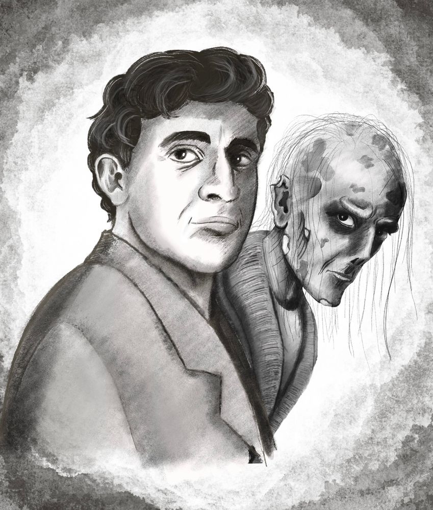Black and white sketch of characters Bill and Sonny. Bill is a dark featured man in a suit and kind of a Mark Ruffalo vibe. Sonny is a rotting corpse man with a cardigan. 
