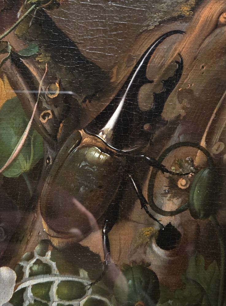 Painting detail: a Hercules Beetle climbing up a tree.