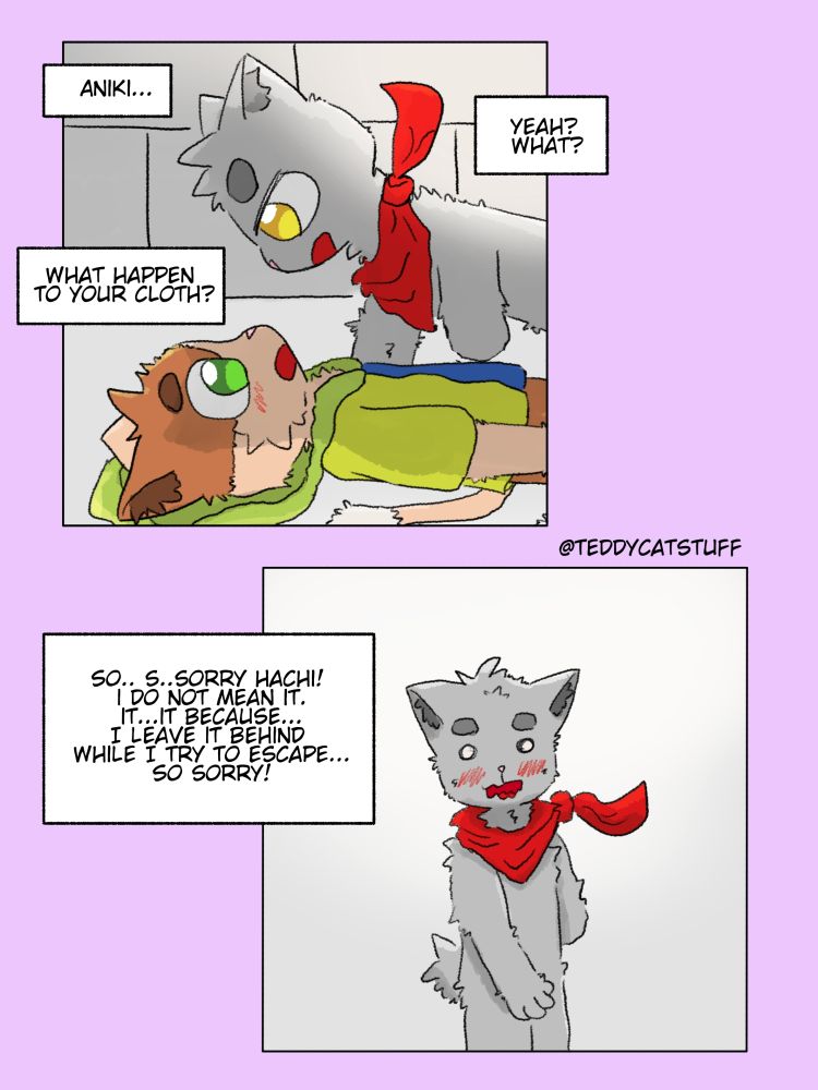 hachi was surprise and ask
aniki
yeah what is it? question sora
what happen to your cloth? asked hachi 
sora did not wear any cloth except his scarf.
so..s..sorry hachi! i do not mean it. it...it because that robot. i have to leave it behind while i try to escape... so sorry! 
said embarassed sora