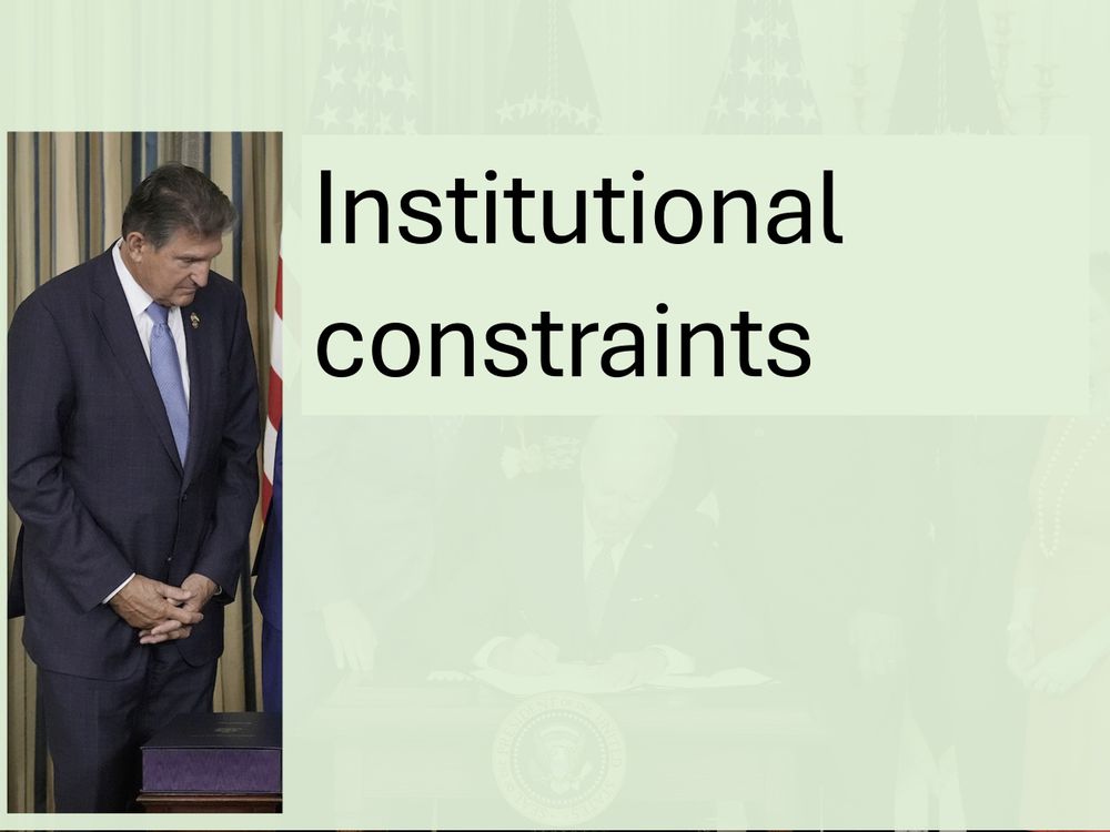 slide where an image is obscured except for a window showing joe manchin next to the text "institutional constraints"