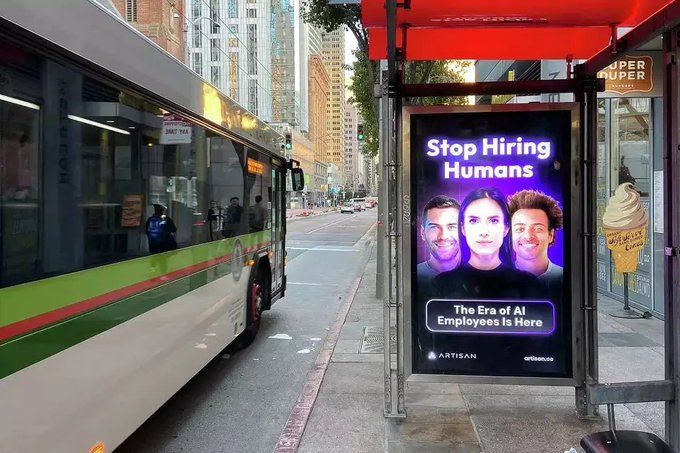 subway stop ad -- stop hiring humans. the era of AI employees is here. artisan. 