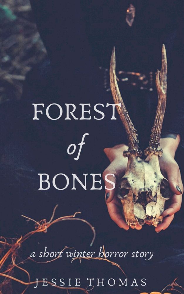 The book cover of Forest of Bones: a dark, sinister image of hands holding an animal skull with curved horns. 
