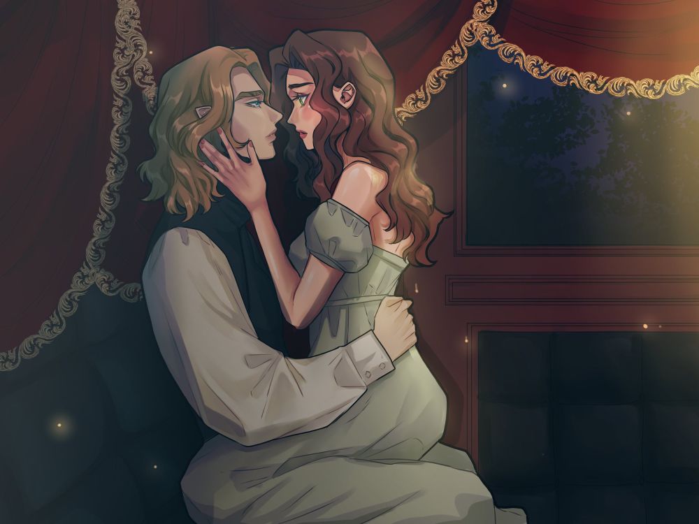 A nighttime scene in a dimly lit but warm carriage with rich, dark colors and a soft glow of candlelight. Meryn, dressed in a pastel green-blue off the shoulder dress, sits in Vale’s lap. Her chestnut brown hair spills down her back. They’re gazing at each other intensely; she has her hand on his cheek, and he is holding her at the small of her back. Vale’s dark gold hair touches his shoulders; he’s wearing a regency style shirt and a black waistcoat. 