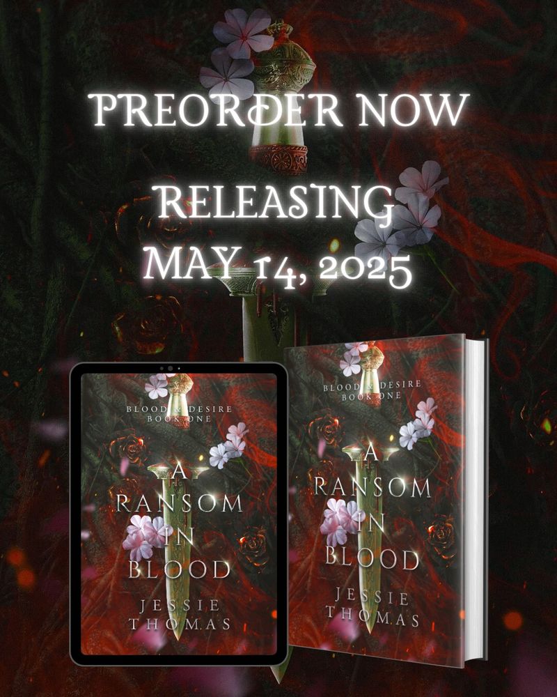 A romantic, moody floral graphic with an ebook and paperback mockup of the book. The art features a dark forest, with tangled black branches and roots holding a dagger in place, the dagger dripping with blood. There are soft white flowers and petals drifting against a background of embers, burned flowers, and red smoky mist. The text is silver with a shine to the letters. 

The text reads “preorder now - releasing May 14th, 2025”