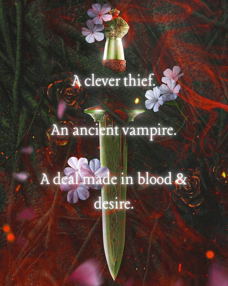 The same art with glowing white text overlay:

A clever thief
An ancient vampire 
A deal made in blood & desire 