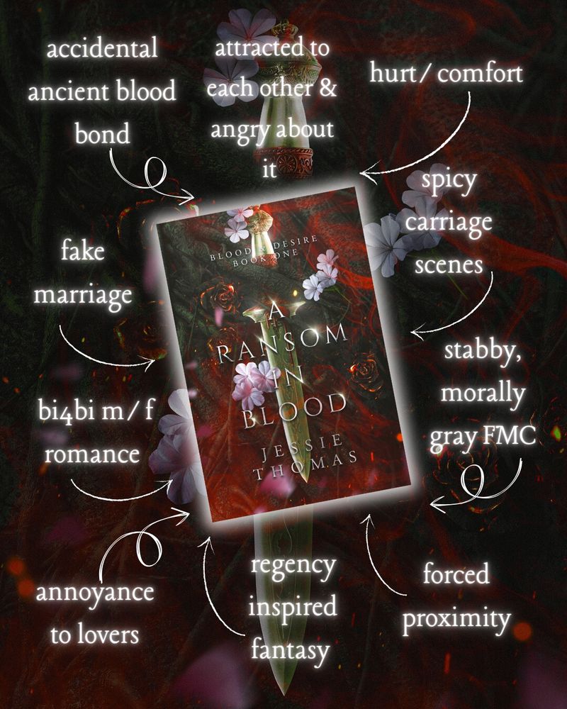 A romantic, moody floral graphic with the cover of the book. The art features a dark forest, with tangled black branches and roots holding a dagger in place, the dagger dripping with blood. There are soft white flowers and petals drifting against a background of embers, burned flowers, and red smoky mist. The text is silver with a shine to the letters. 

The trope map with arrows include:
annoyance to lovers
regency inspired fantasy 
forced proximity 
bi4bi m/f romance 
stabby, morally gray fmc
spicy carriage scenes 
fake marriage 
hurt/comfort
accidental ancient blood bond
attracted to each other & angry about it 