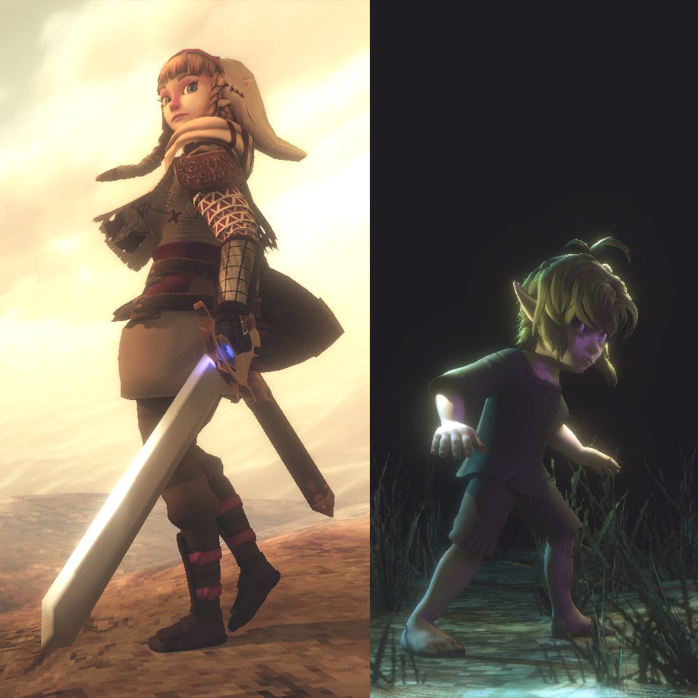 Two composited images showing both Zelda and Link from the Legend of Zelda Franchise. Zelda is clad in white/red leather armor inspired by Sheik from Ocarina of Time. And Link is stil a child. Zelda is bathed in golden light while Link is bathed in darkness, presumably in a forest.