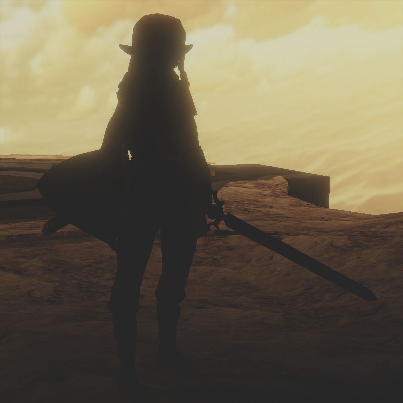 A woman with pointy ears wielding a sword and shield silhouetted against a bright golden sky