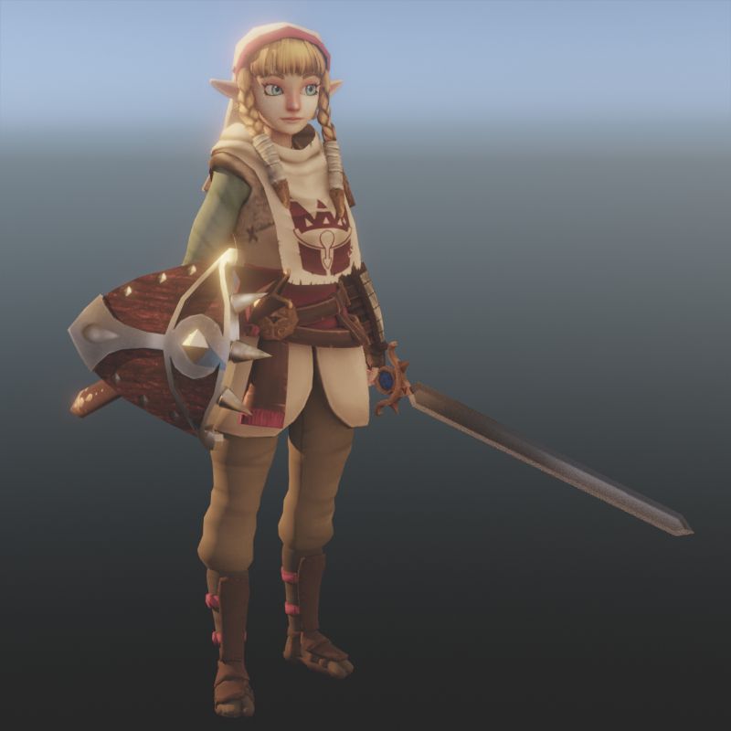 Princess Zelda from the Legend of Zelda Franchise in a white/red set of leather armor inspired by Sheik from Ocarina of Time. She is wielding a sword and shield. Both have eye designs on them.