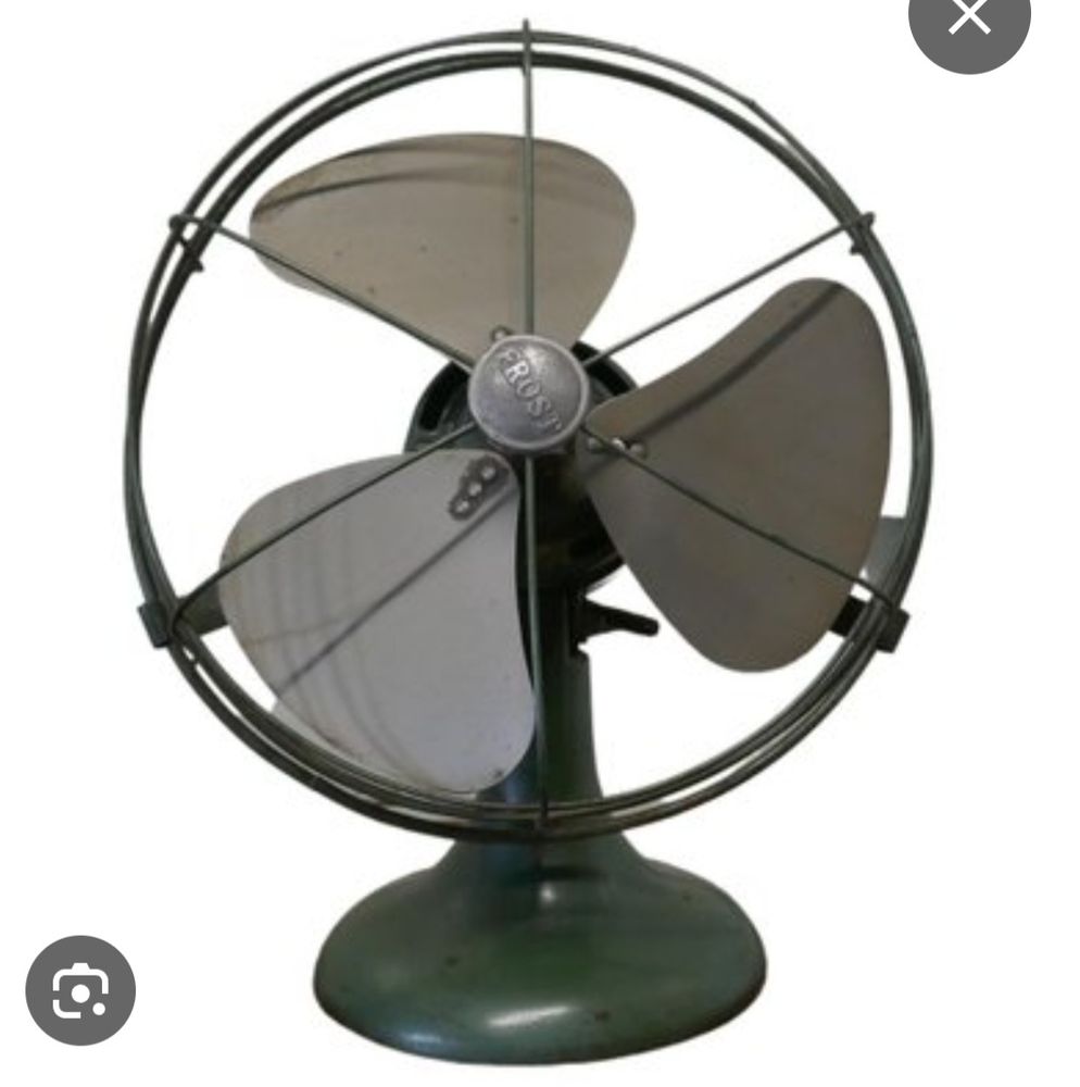 Picture of a 1940s era floor fan with wide open grill you can fit hands in.