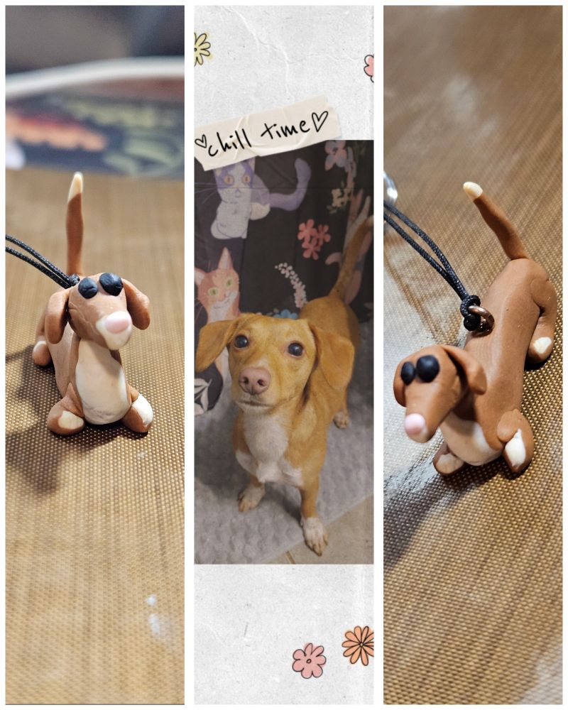 From the left, an image of a polymer clay miniature dachshund, an image of a tan dachshund with a with chest, and another image of a polymer clay dachshund 