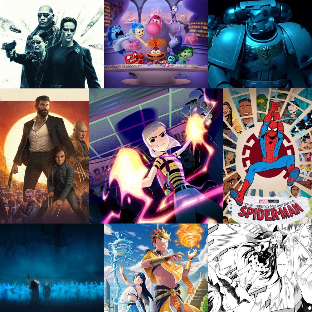 Primera fila: The Matrix, Inside Out 2 y Astartes.
Segunda fila: Logan, Jentry Chau vs. The Underworld y Your Friendly Neighborhood Spider-Man.
Tercera fila: Blood of Zeus Season 2, ECLIPSE y Ability Shop.