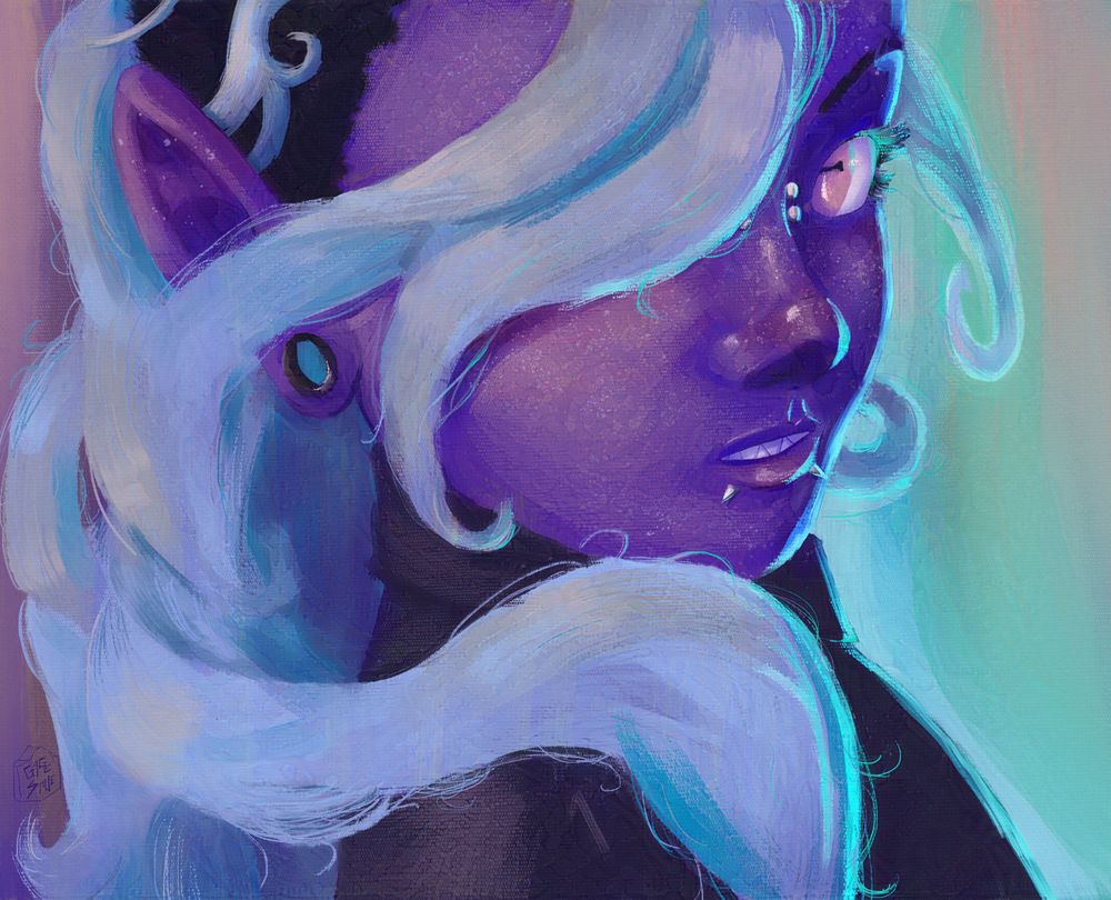 Digital portrait painting of my tiefling sorcerer, Xoos. His skin is purple, he has many piercings, and his hair, naturally black, has the mohawk part dyed blue/teal. He has pink goat eyes and is wearing a black button up I could have spent more time detailing.