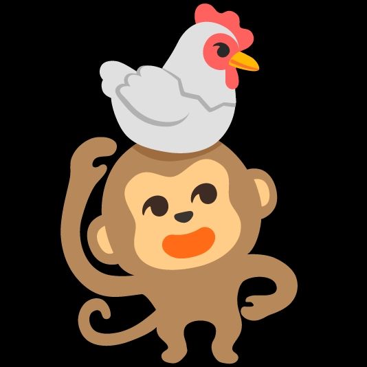 An emoji monkey with an emoji chicken on its head