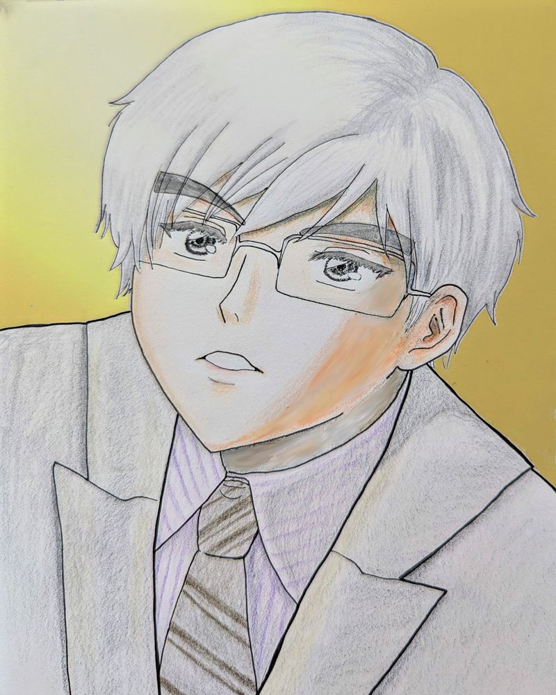 Bust sketch of Akechi Kengo from Japanese mystery series, Kindaichi Shounen no Jikenbo. He's looking up at at a point beyond the viewer, set against a pale yellow background & he wears a grey suit with a pinstripe shirt & striped tie underneath. 