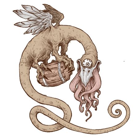 An illustration of the snallygaster, a flying dragon like cryptid with tentacles spilling from his mouth