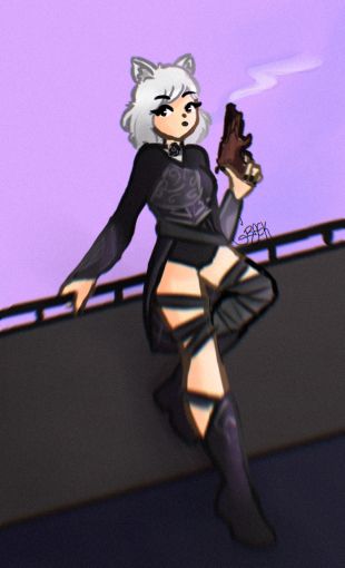 Drawing of a player character in Guild Wars 2. The drawing depicts a woman leaning against a fence, blowing the top of her pistol which looks to have just fired a bullet.