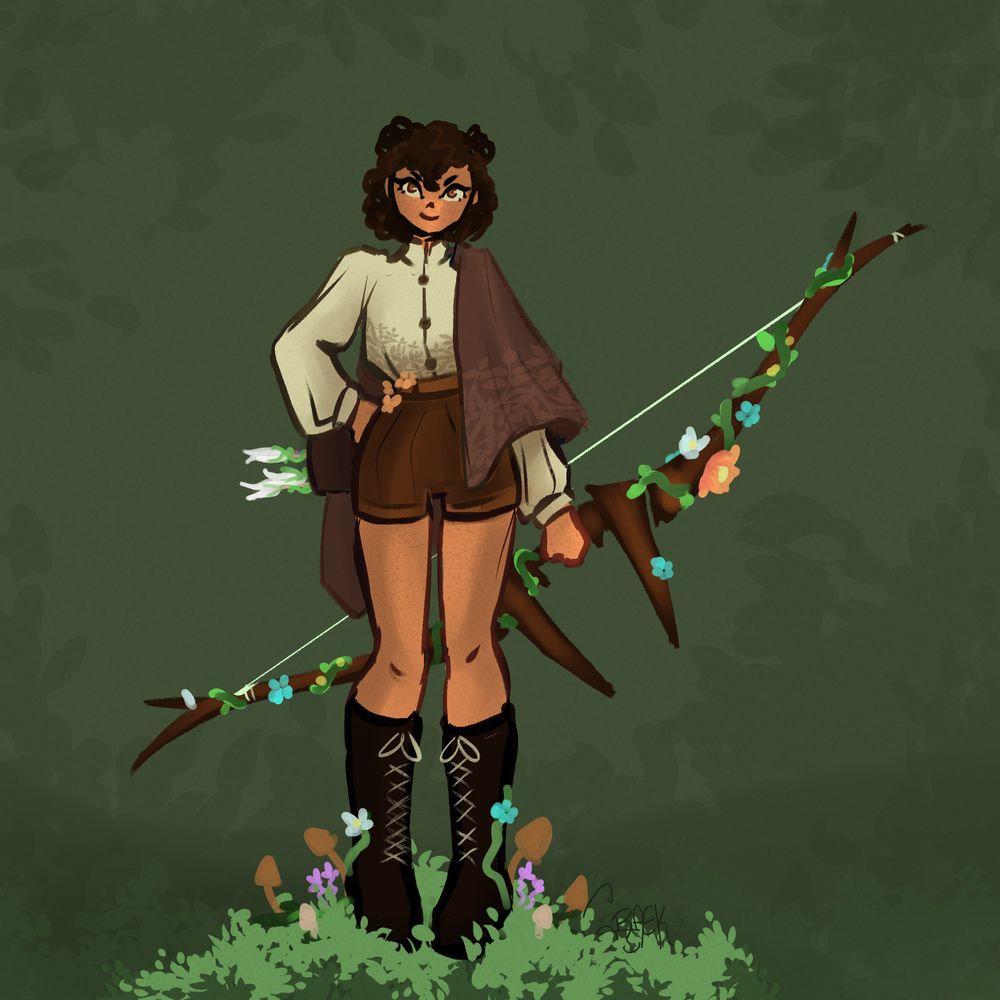 A girl with curly brown hair dressed in tones of brown and beige, she holds a huge bow and arrow adorned with flowers and vines, the arrows on her quiver resemble flowers.