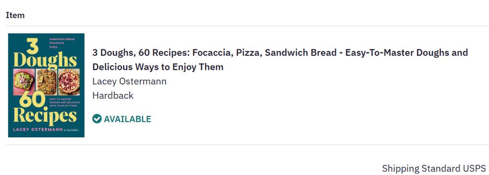 Screenshot of a purchase receipt from Bookshop for "3 Doughs, 60 Recipes: Focaccia, Pizza, Sandwich Bread - Easy-To-Master Doughs and Delicious Ways to Enjoy Them" by Lacey Ostermann.