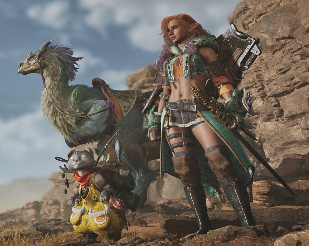 A photo of Alba (a female Hunter from mh wilds) she has orange hair that has a gradient down to purple.