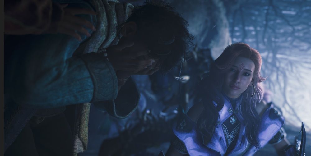 A photo of Alba (my wyverian hunter oc from mh wilds) comforting Nata while he sobs into his hands.