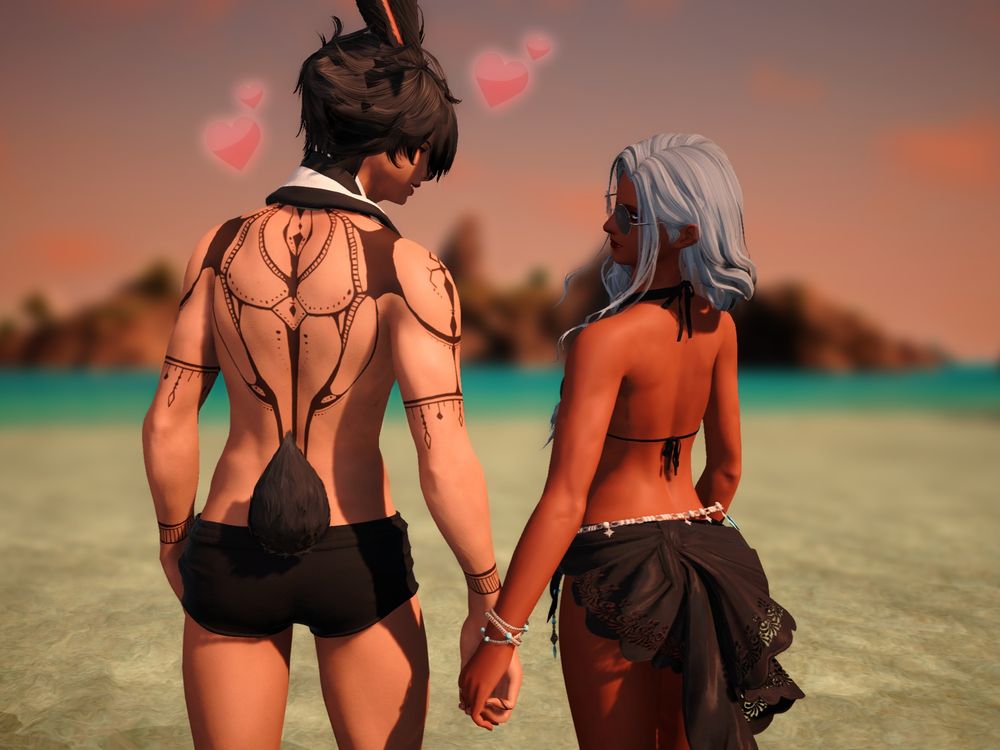 Jun (a male Viera from ffxiv with Black hair and long bangs covering his eyes) holding Katya's (a female midlander from ffxiv with long ice blue hair pulled over one shoulder and in a braid) hand. Jun looks at Katya with open adoration, while Katya glances over her shoulder at the viewer, as though smug. 