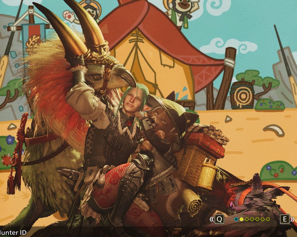 A photo of Ritsu (my monster hunter wilds hunter) sitting with his Seikret over one shoulder and his Palico over the other.