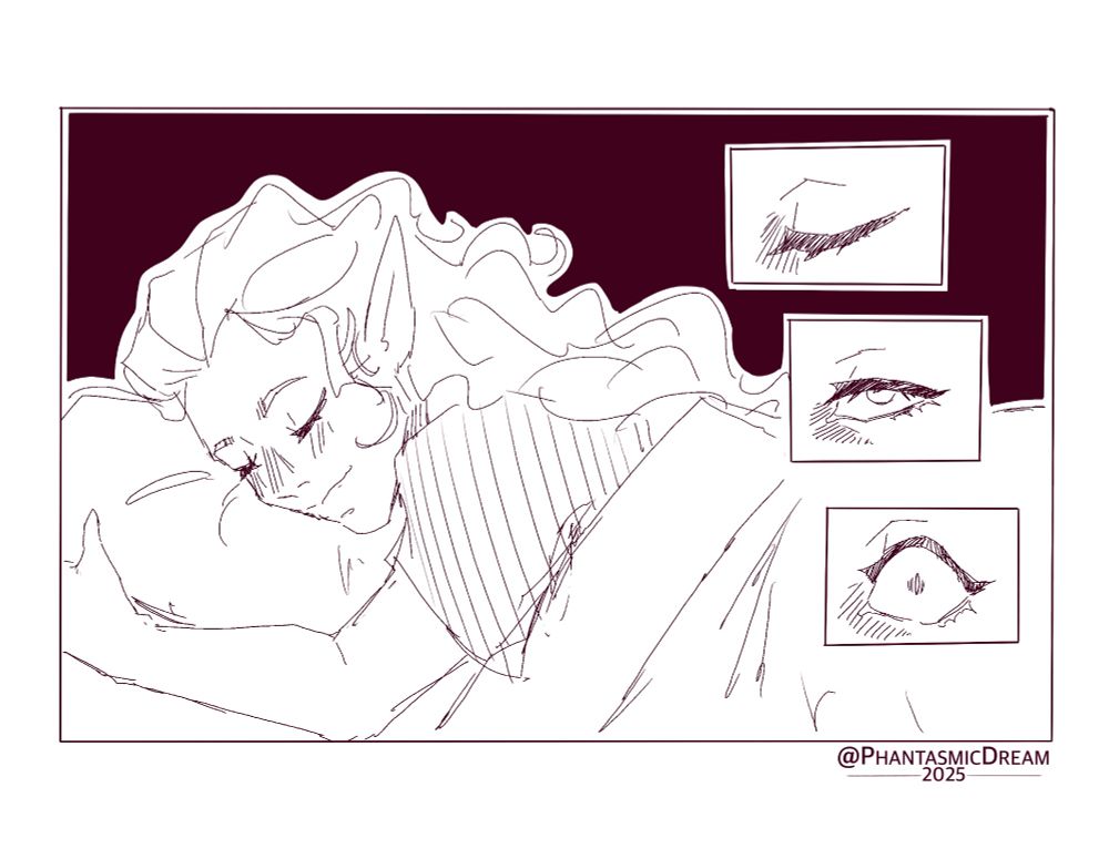 Drawing of a comic, with kitten an elf snuggle of a pillow sleeping, with three small panels of Kitten’s eye opening up last one wide looking in fear.