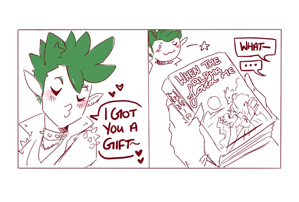 Comic continues, Kit with his hair turned green giving Kissy lips saying “I got you a gift~” next panel, small Kit in the corner giving a cat smile and a wink. Kitten saying “what- …” he’s holding on a book with the title “when the alpha loved me”