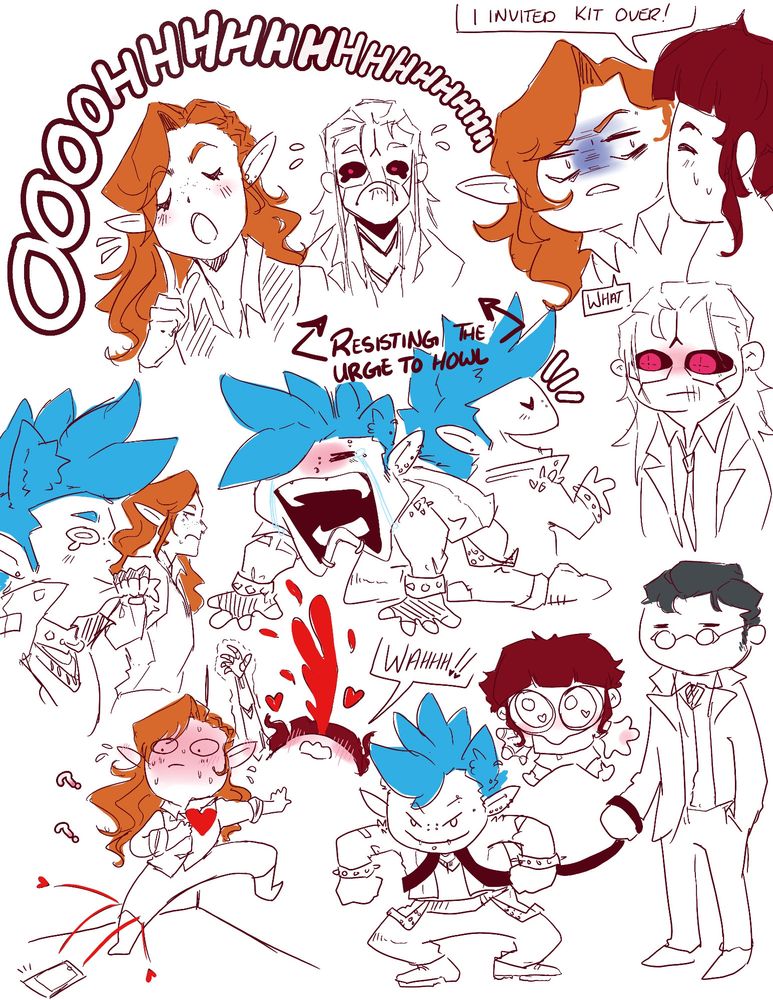 An assortment of drawings, Kitten with his hand and finger pointed up saying "Oooohhhhhhhh" Mongrel behind him sweating text under and pointing at at him 'resisting the urge to howl' Kitten looks disgusted hearing Scrapper saying "I invited Kit over!""What" said Kitten. Kitten annoyed gripping Kit's mouth closed. Kit sobbing. Kit talking to Mongrel, Mongrel looking at him intensely. Kitten fluster against a wall with the phone on the ground sending hearts at him. Scrapper falling back with nose blood saying "WAHH!!" Scrapper ready for forehead kiss. Kit standing like a gremlin with a leash on, Charles is holding on it. 