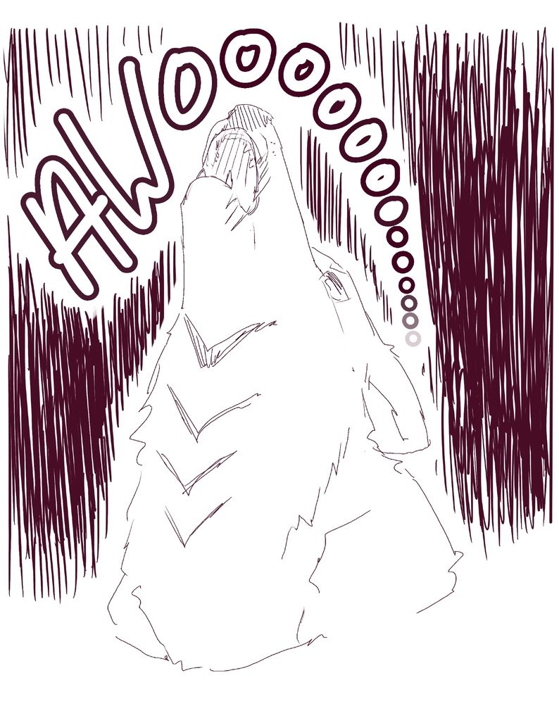 Drawing of a wolf with his hand up, with scars in his muzzle and cybernetics on his neck, text “Awoooooooo” arching over the wolf.