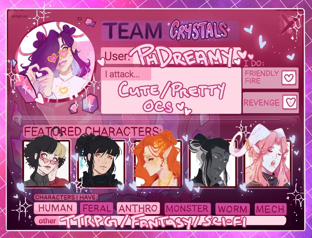 A filled out artfight card with the crystal theme. 