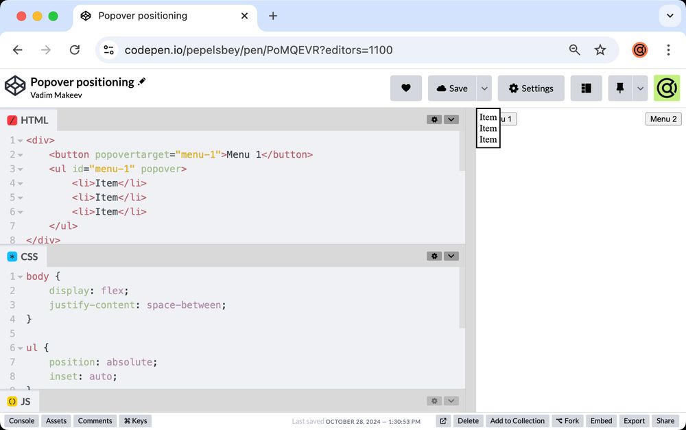 CodePen demo in Chrome: popover is positioned in the top left corner of the page for both buttons.