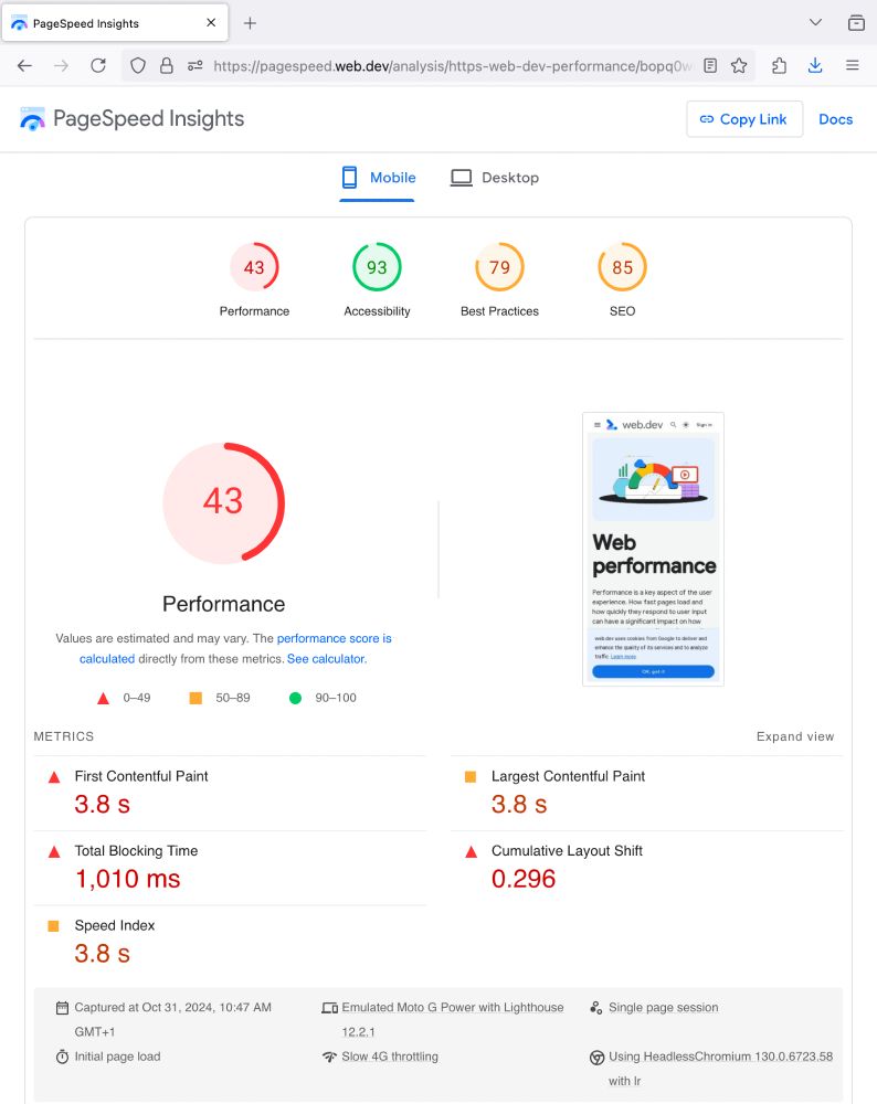 PageSpeed Insights mobile results page for the Web performance landing page. Scores: performance 43 (red), accessibility  93 (green), best practices 79 (orange), SEO 85 (orange). Core web vitals: FCP 3.8s (red), LCP 3.8s (orange), TBT 1010ms (red), CLS 0.296 (red), Speed Index 3.8s (orange).