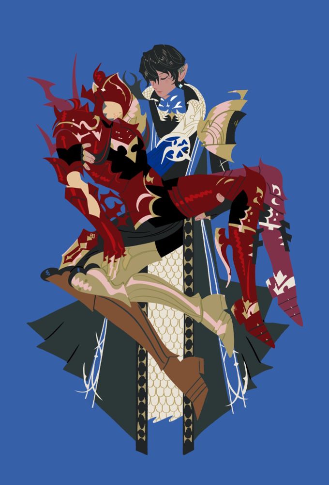 Artwork featuring Estinien and Aymeric in the style of La Pietá. Aymeric cradles Estinien in the corrupted red dragoon armor, looking sorrowful.