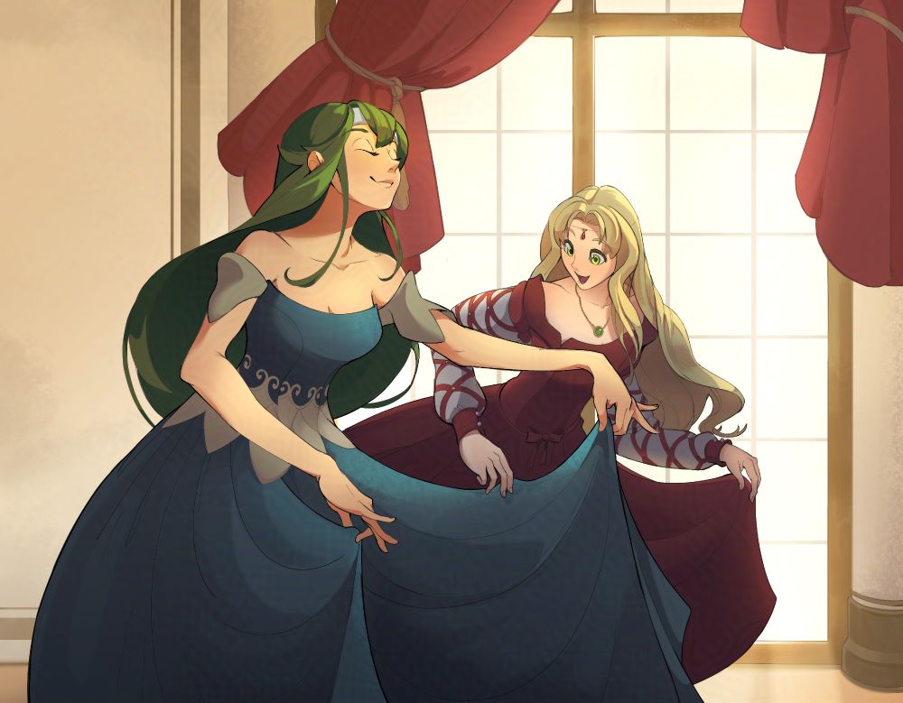 Palla, a green haired woman, shows her dress to her friend, Guinivere, dressed in red with a beautiful red dress. Guinivere is in awe with Palla's dress' look and texture, and pinches part of the drapery to feel it's quality.