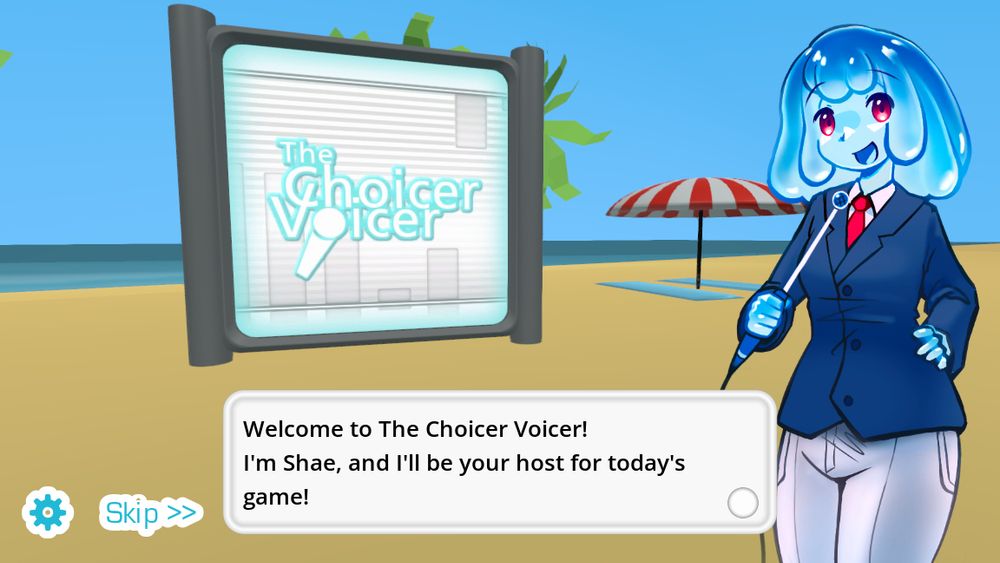 A screenshot of the host's introduction for a session in The Choicer Voicer, but the normal stage has been replaced with a modeled beach.