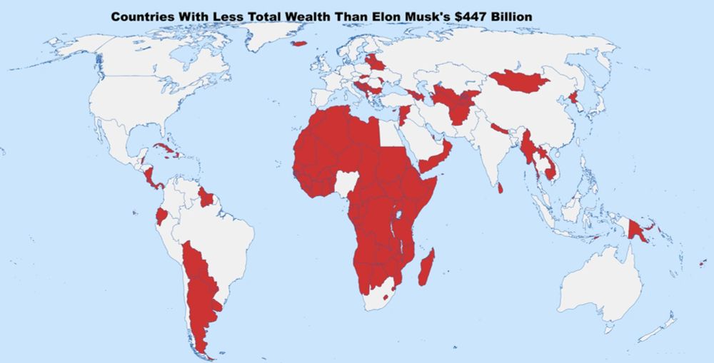 The map above shows which countries have less household wealth than Elon Musk's fortune of $447 Billion (at the time of publication).