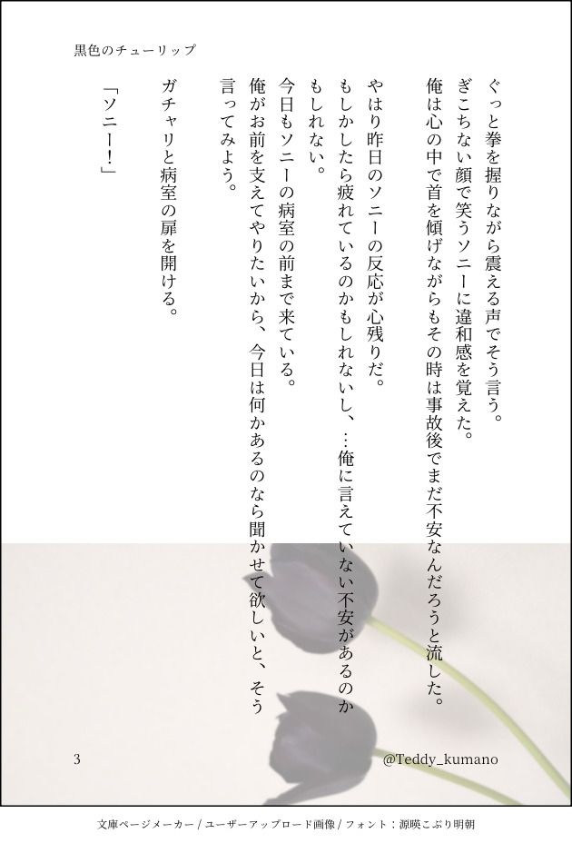 ぐっと拳を握りながら震える声でそう言う。ぎこちない顔で笑うソニーに違和感を覚えた。
俺は心の中で首を傾げながらもその時は事故後でまだ不安なんだろうと流した。

やはり昨日のソニーの反応が心残りだ。
もしかしたら疲れているのかもしれないし、…俺に言えていない不安があるのかもしれない。
今日もソニーの病室の前まで来ている。
俺がお前を支えてやりたいから、今日は何かあるのなら聞かせて欲しいと、そう言ってみよう。

ガチャリと病室の扉を開ける。

「ソニー！」
