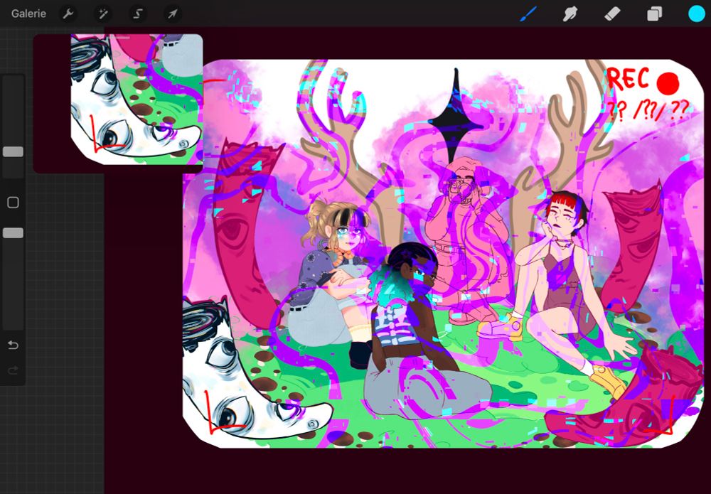 Illustration de last records le nouveau jeu de don’t nos ou on voit les 4 filles principales assises en cercles dans l’herbe dans une ambiance mystérieuse 