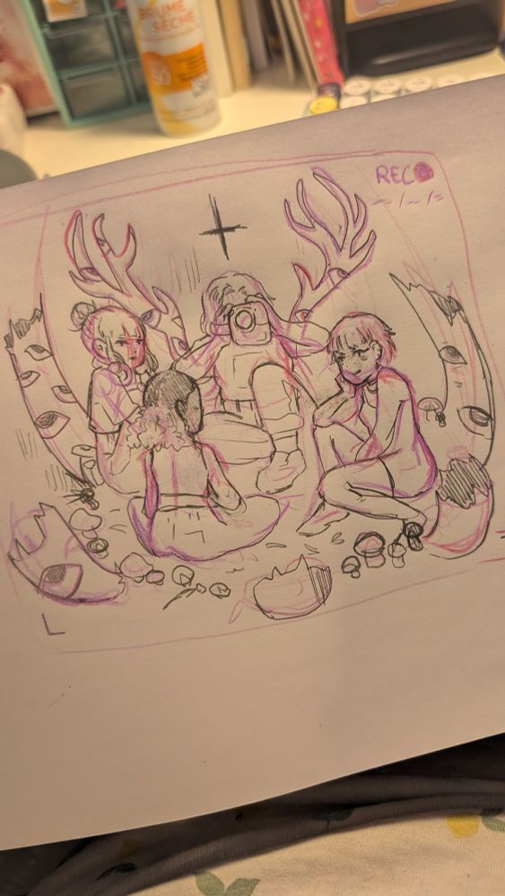 Une photo d'un croquis inspiré par une scène du jeux vidéo bloom and rage lost records ou on voit les 4 personnages principales assises en cercles avec des éléments mystérieux
