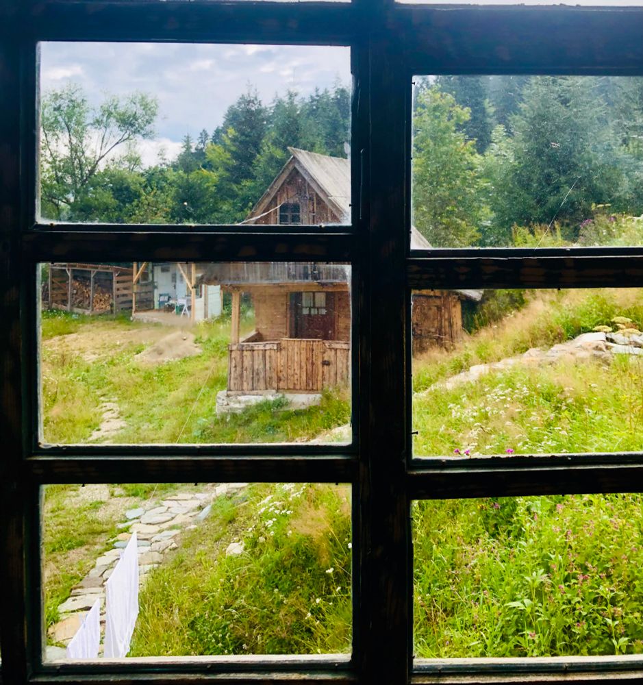 Blick durch ein altes Sprossenfenster, unterteilt in sechs Teile, auf ein altes Holzhaus und in etwas Abstand überdachtes Holzlager und Terrasse, umgeben von Wiesen, im Hintergrund Wald.