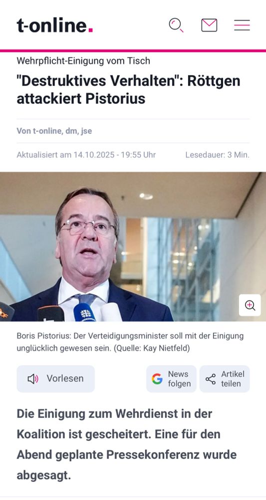 Screenshot eines Artikels bei t-online: „Destruktives Verhalten: Röttgen attackiert Pistorius.“